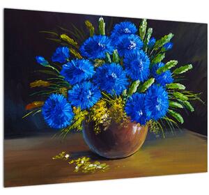 Kék virágok képe egy vázában (üvegen) (70x50 cm)