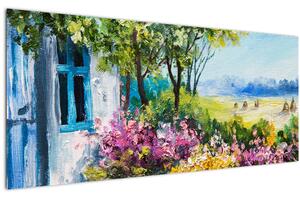 Kép a ház előtti kertről, olajfestmény (120x50 cm)