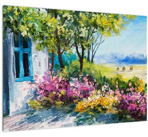 Kép a ház előtti kertről, olajfestmény (70x50 cm)