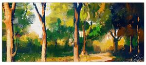 Erdő képe a nyári napsütésben, festmény (120x50 cm)