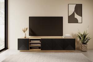 Asha TV-szekrény 200 cm, mart előlapokkal és nyitott résszel - artisan / fekete matt