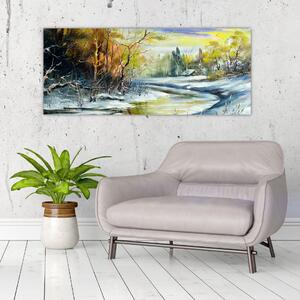Egy téli folyó képe, olajfestmény (120x50 cm)