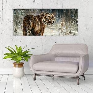 Kép - tigris a havas erdőben, olajfestmény (120x50 cm)
