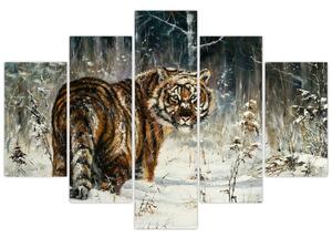 Kép - tigris a havas erdőben, olajfestmény (150x105 cm)