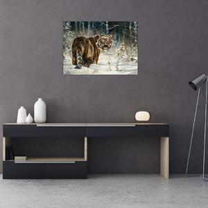 Kép - tigris a havas erdőben, olajfestmény (70x50 cm)