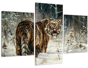 Kép - tigris a havas erdőben, olajfestmény (90x60 cm)
