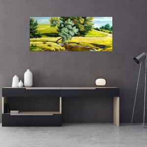 Kép - folyó a rétek között,, olajfestmény (120x50 cm)