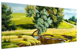 Kép - folyó a rétek között,, olajfestmény (120x50 cm)