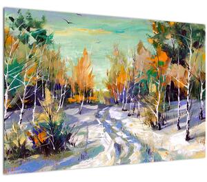 Kép - havas út az erdőben, olajfestmény (90x60 cm)