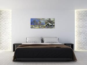 Téli tájon lévő házikó képe, olajfestmény (120x50 cm)