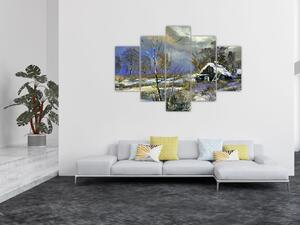 Téli tájon lévő házikó képe, olajfestmény (150x105 cm)