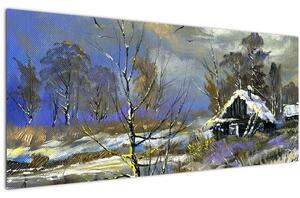 Téli tájon lévő házikó képe, olajfestmény (120x50 cm)