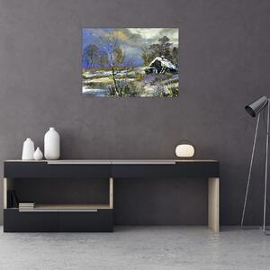 Téli tájon lévő házikó képe, olajfestmény (70x50 cm)