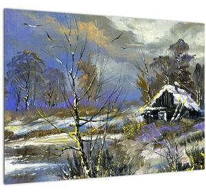 Téli tájon lévő házikó képe, olajfestmény (70x50 cm)