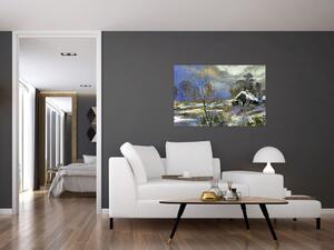 Téli tájon lévő házikó képe, olajfestmény (90x60 cm)