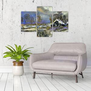 Téli tájon lévő házikó képe, olajfestmény (90x60 cm)