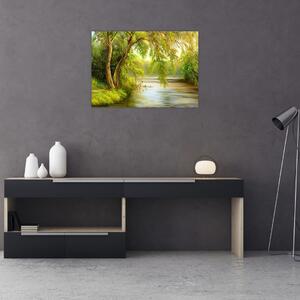 Kép - fűzfa a tó mellett, olajfestmény (70x50 cm)