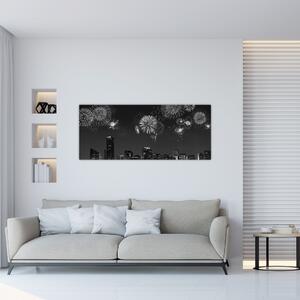 Kép - tűzijáték Miamiban, fekete és fehér (120x50 cm)
