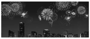 Kép - tűzijáték Miamiban, fekete és fehér (120x50 cm)