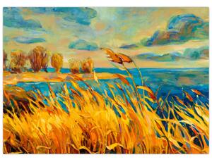 Kép - naplemente a tó felett, akril festmény (70x50 cm)