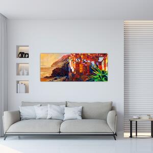 Kép - Falu Cinque Terre partján, az olasz riviérán, modern impresszionizmus (120x50 cm)