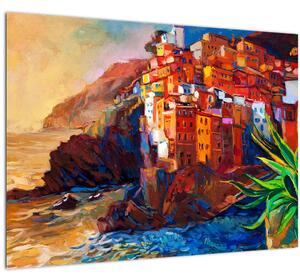 Kép - Falu Cinque Terre partján, az olasz riviérán, modern impresszionizmus (70x50 cm)