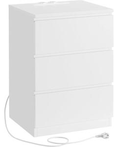 Éjjeliszekrény, oldalasztal 3 fiókkal, 2 AC aljzattal és 2 USB porttal, fehér