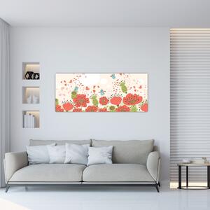 Kép - Madarak egy virágzó réten (120x50 cm)
