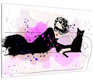 Kép - Nő egy fekete macskával (90x60 cm)