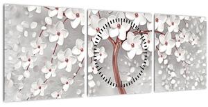 Kép - Egy fehér fa képe virágokkal, rózsaarany (órával) (90x30 cm)