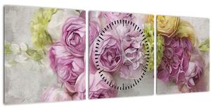 Kép - Virágok a falon pasztell színekben (órával) (90x30 cm)