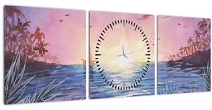 Kép - naplemente a víz felett, akvarell (órával) (90x30 cm)