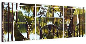 Kép - Geometrikus kollázs a skandináv erdők hátterében (órával) (90x30 cm)