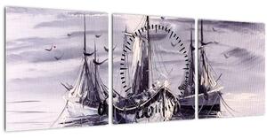 Kép - kikötő, olajfestmény (órával) (90x30 cm)