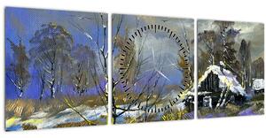 Téli tájon lévő házikó képe, olajfestmény (órával) (90x30 cm)