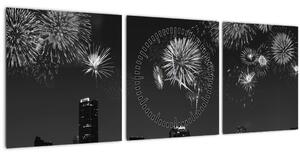 Kép - tűzijáték Miamiban, fekete és fehér (órával) (90x30 cm)