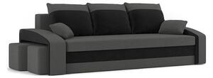 HEWLET kanapéágy 2 db puffal, normál szövet, hab töltőanyag, bal oldali puff tároló, szürke / fekete