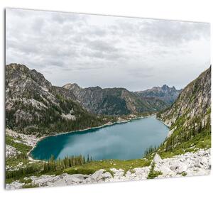 A hegyekben lévő tó képe (üvegen) (70x50 cm)