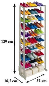 10 soros cipőtároló - fehér, 51,5x16,3x7 cm, műanyag és fém
