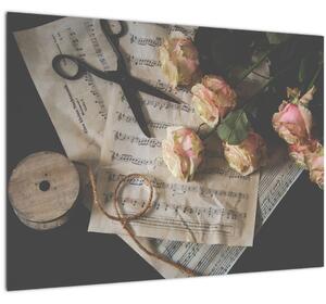 A zenei jegyzetek és a rózsák képe (üvegen) (70x50 cm)