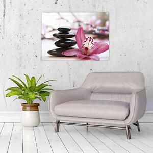 Masszázs kövek és orchideák képe (üvegen) (70x50 cm)