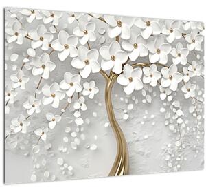 Fehér fa virágokkal képe (üvegen) (70x50 cm)