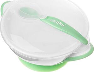 Akuku Tapadókorongos tálka kanállal – Fehér/Zöld