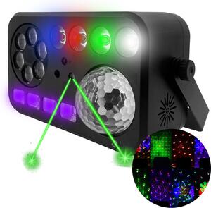 LIGHT4ME PARTY V multiefekt świetlny LED RGBW-UV 6w1 efekt Bee Eye biały stroboskop UV Water Wave par 2x laser R/G