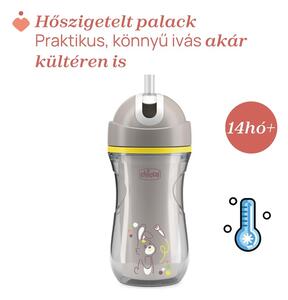 Chicco Sport Cup hőtartós duplafalú, csöpögésmentes szilikon szívószálas kulacs, cseppmentes ráppatintós záródással.14m+266 ml szürke