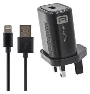 CELLULARLINE hálózati adapter USB aljzat (12W, UK, földelt, utazótöltő + lightning 8pin kábel) FEKETE (ACHKITMFI12WUKK)