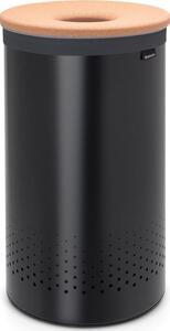 Brabantia Laundry Bin szennyestartó szellőző nyílásokkal, tépőzáras, mosható szennyesgyűjtő zsák, henger forma, nagy méret 60L, parafa fedő, acél, matt fekete - 120022