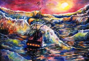Fotótapéta - Hajó az óceán hullámain, akvarell (147x102 cm)