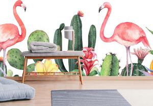 Fotótapéta - Flamingók kaktuszokban, akvarell (147x102 cm)