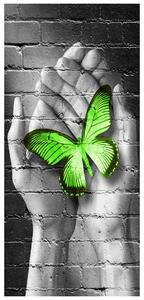Fotótapéta ajtóra - Zöld pillangó a tenyérben (95x205cm)